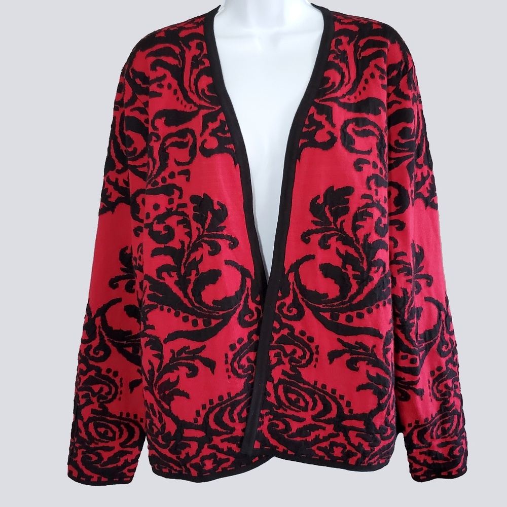 Chicos Textured Red Black Open Front Sweater